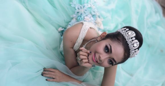 Hair Accessories - Woman Wears Teal Chiffon Gown and Crown